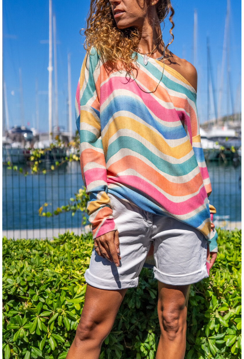 Kadın Multi Kayık Yaka Kendinden Desenli Salaş Kazak Bst3478