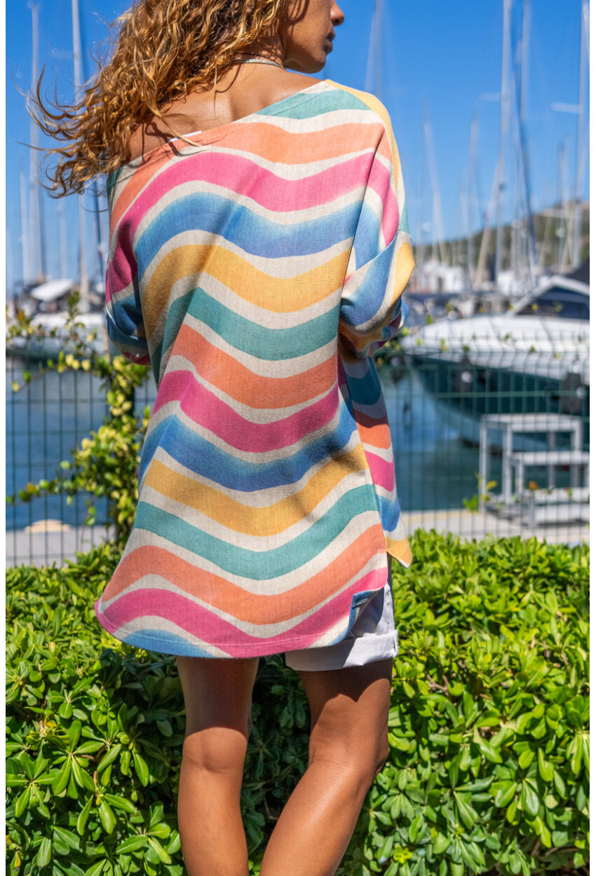 Kadın Multi Kayık Yaka Kendinden Desenli Salaş Kazak Bst3478