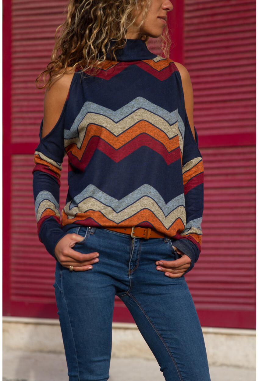 Womens Multi Zigzag Pattern Off Shoulder Sweater GK-CCK6144