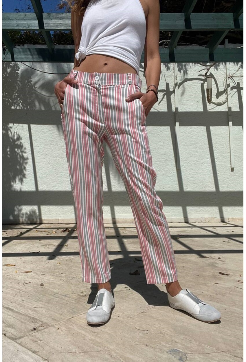 Kadın Pembe Keten Cepli Düğmeli Boru Paça Havuç Pantolon Bst3394