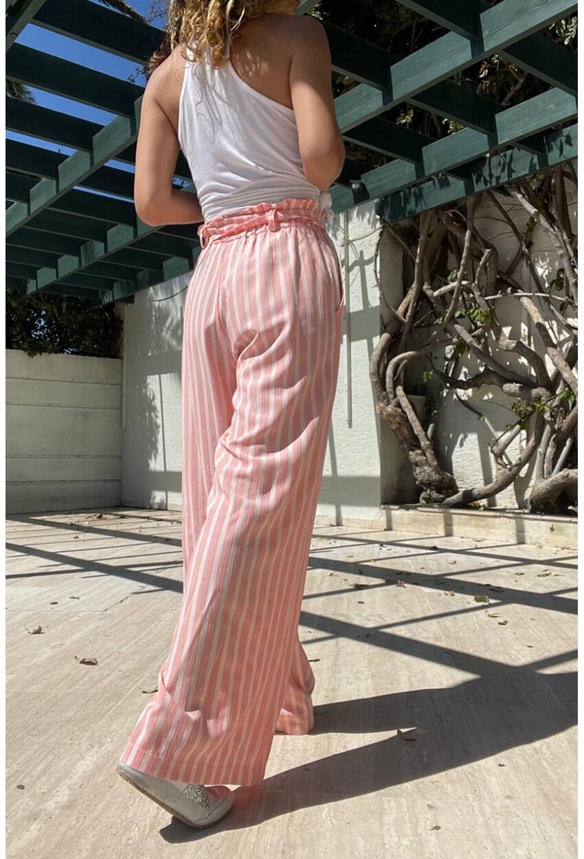 Kadın Pembe Keten Yüksek Bel Kendinden Kemerli Beli Lastikli Cepli Bol Paça Salaş Pantolon Bst3364