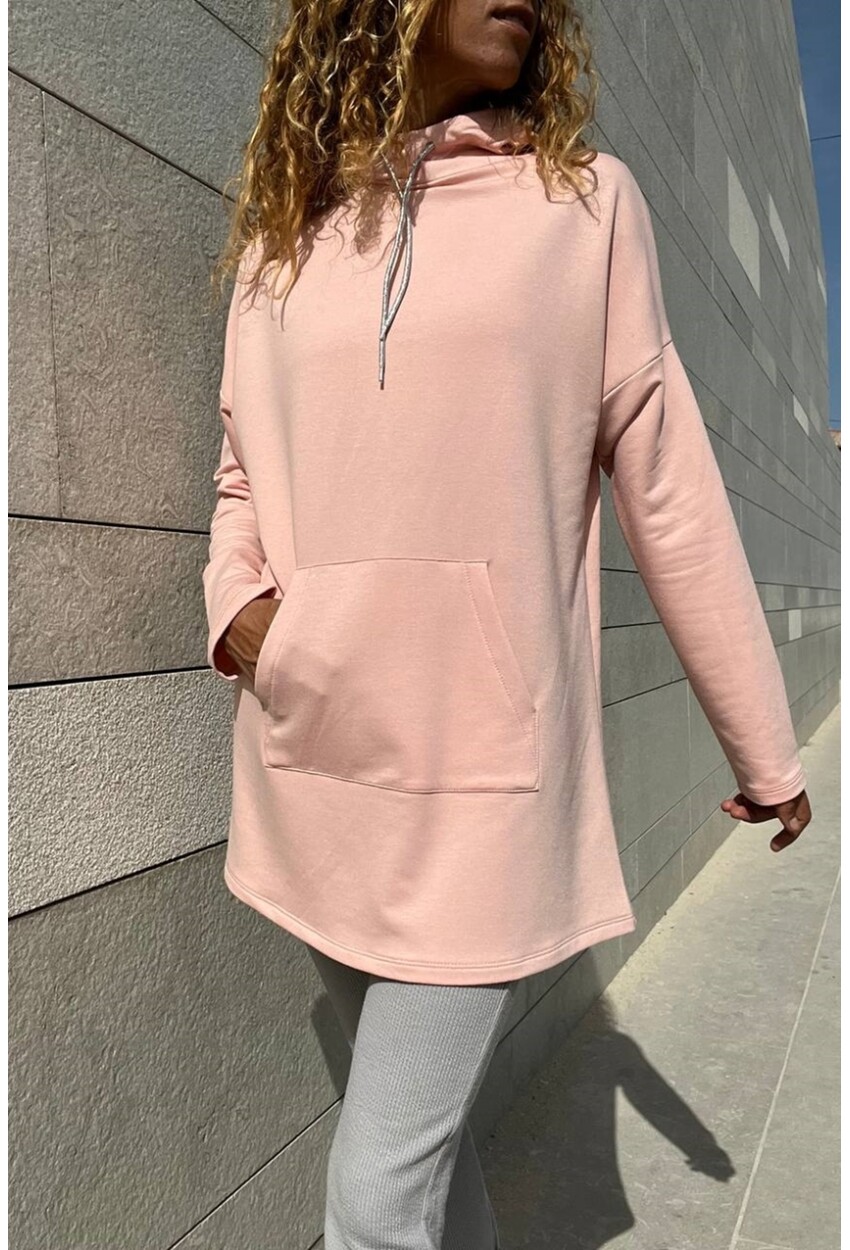 Kadın Pudra Kapüşonlu Kanguru Cep Uzun Salaş Sweatshirt Bst3476