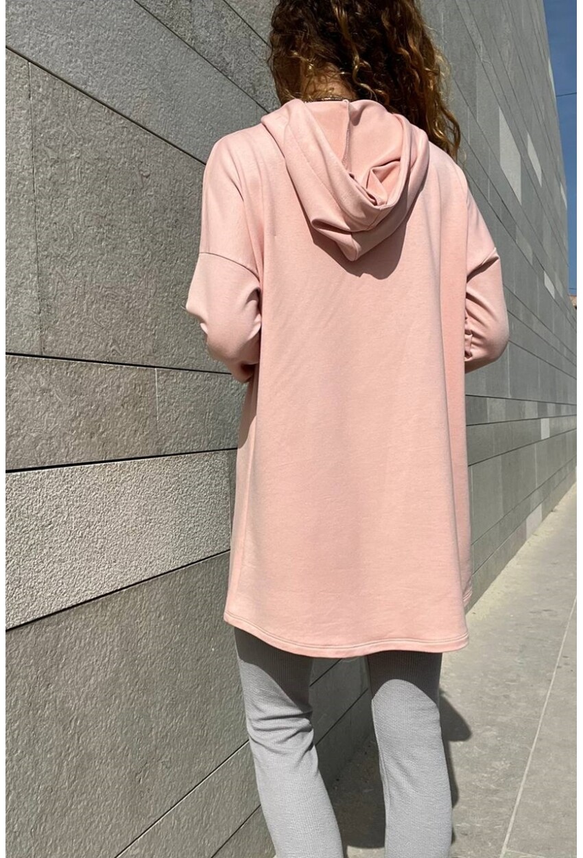 Kadın Pudra Kapüşonlu Kanguru Cep Uzun Salaş Sweatshirt Bst3476