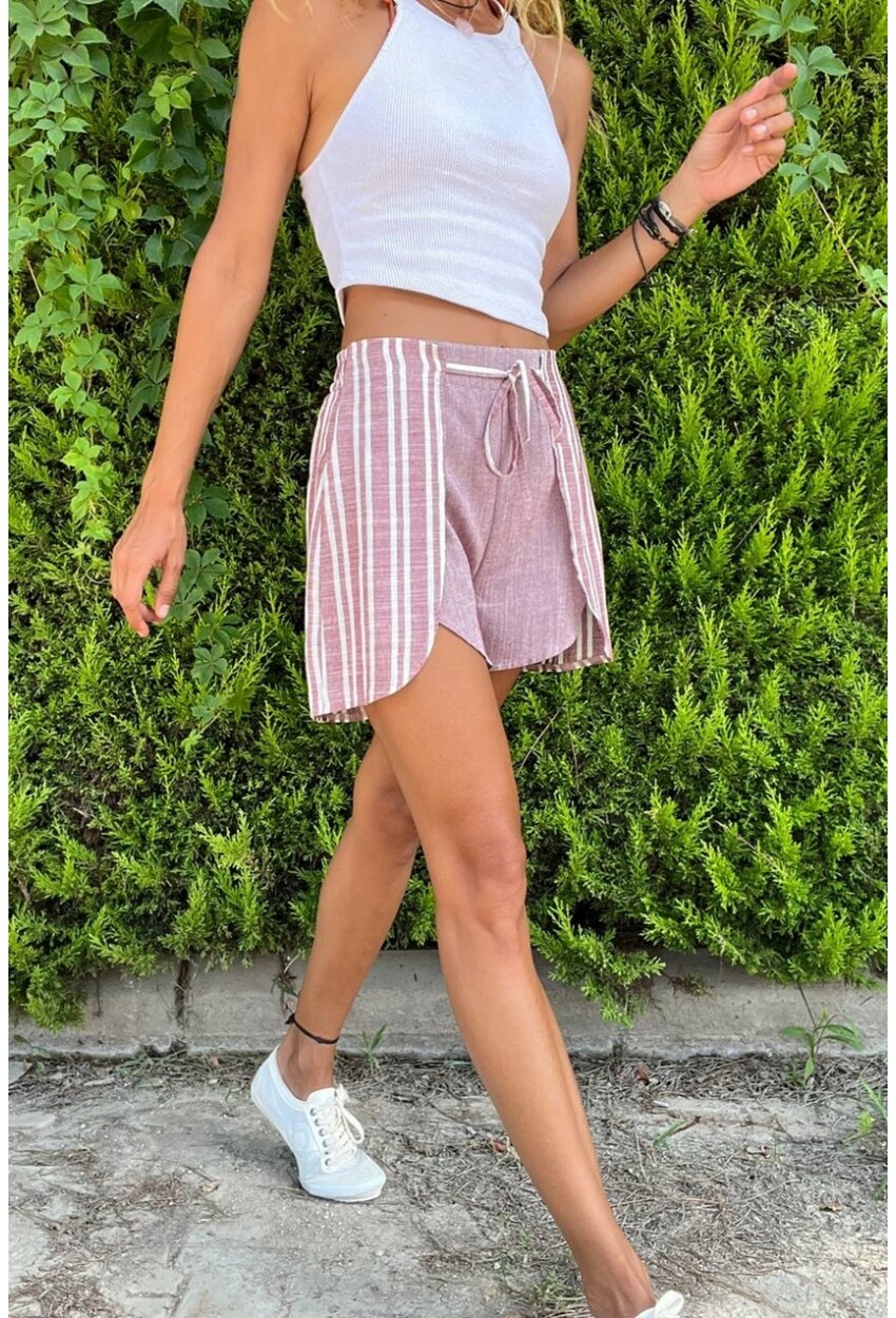 Pudra Keten Color Block Beli Lastikli Bağlamalı Yanı Yırtmaçlı Şort Bst3435
