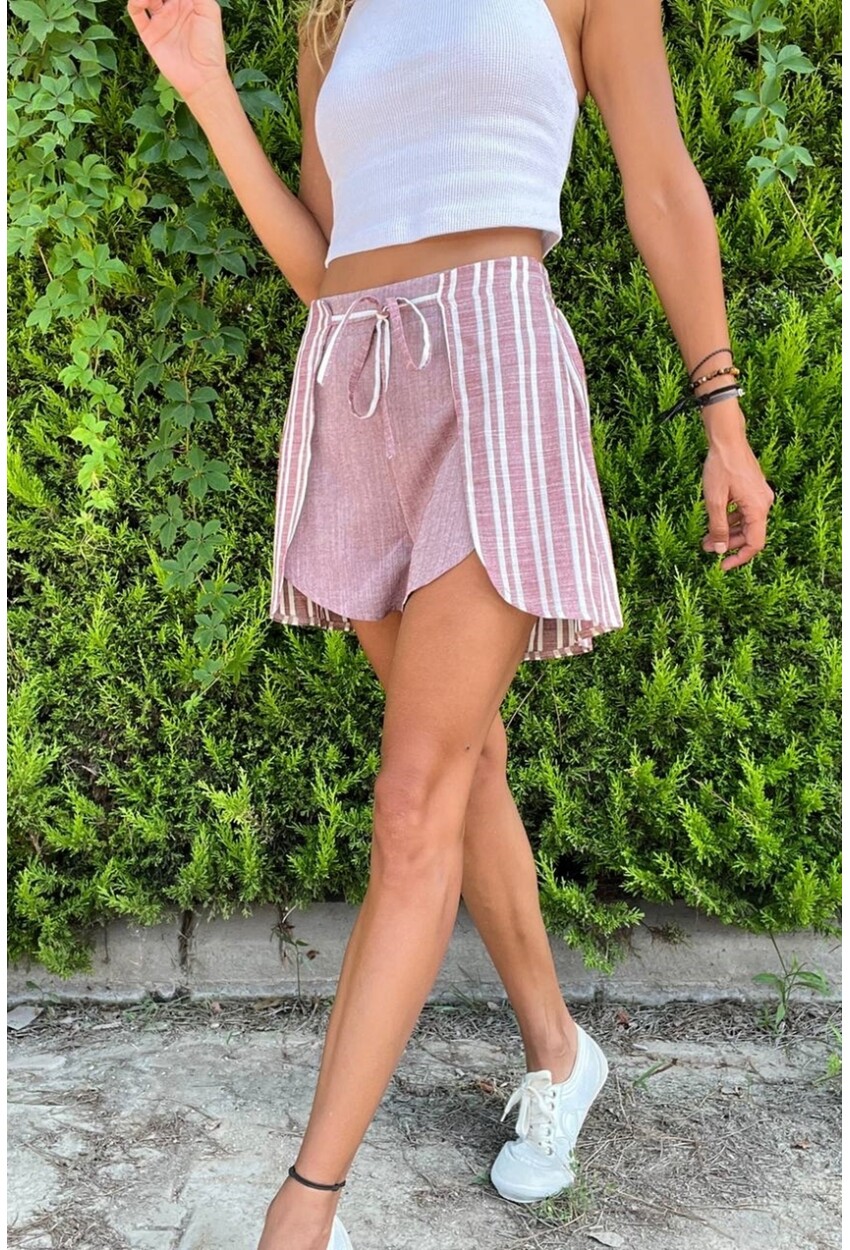 Pudra Keten Color Block Beli Lastikli Bağlamalı Yanı Yırtmaçlı Şort Bst3435
