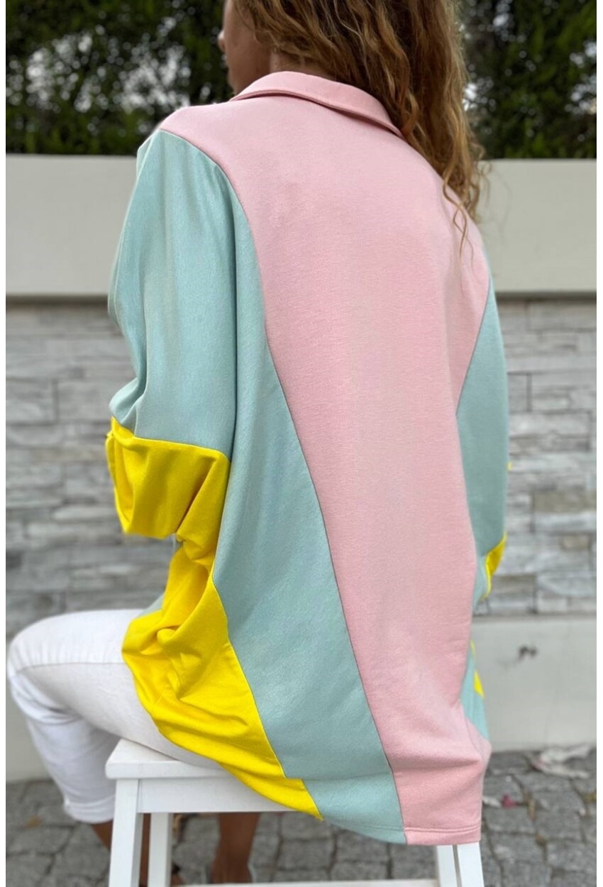 Kadın Pudra-Mint Polo Yaka Yarasa Kol Color Block Salaş Sweatshirt Bst3473