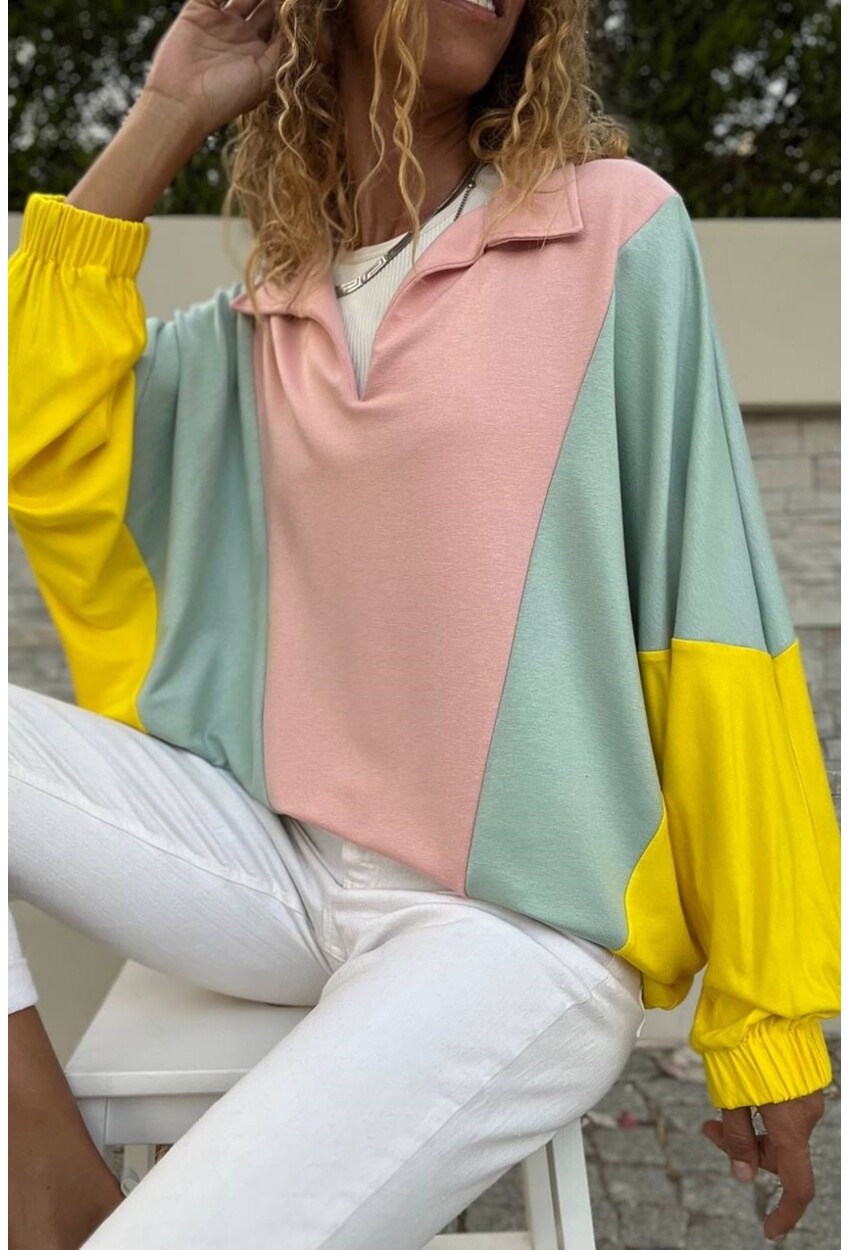 Kadın Pudra-Mint Polo Yaka Yarasa Kol Color Block Salaş Sweatshirt Bst3473