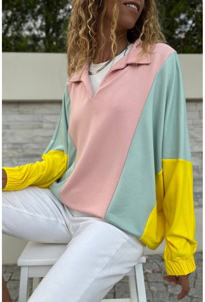 Kadın Pudra-Mint Polo Yaka Yarasa Kol Color Block Salaş Sweatshirt Bst3473
