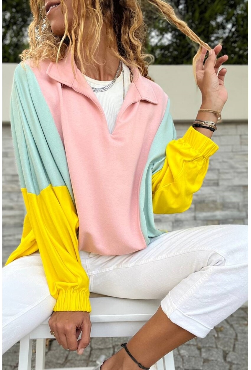 Kad n Pudra Mint Polo Yaka Yarasa Kol Color Block Sala Sweatshirt Bst3473 Gune K z