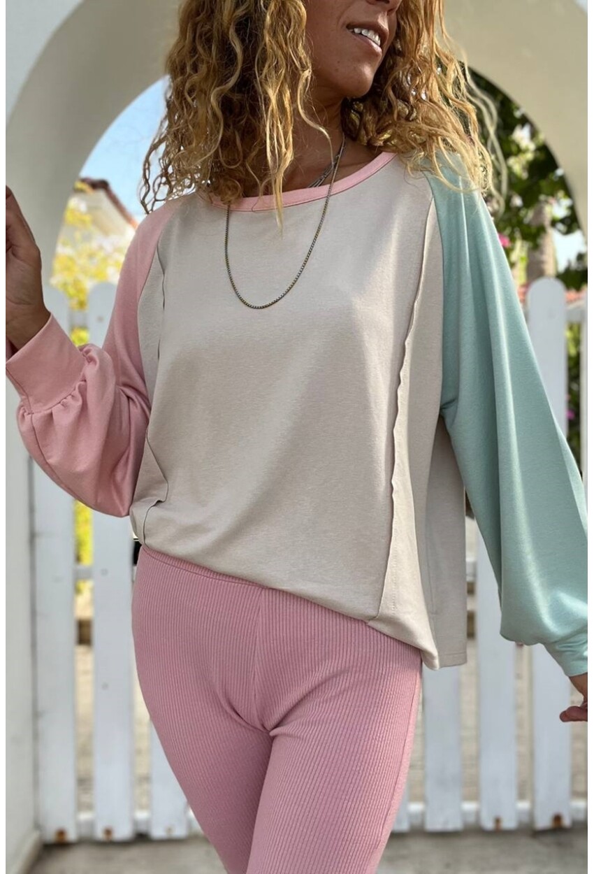 Kadın Pudra-Mint Raglan Kol Dikiş Detaylı Kayık Yaka Color Block Sweatshirt Bst3472