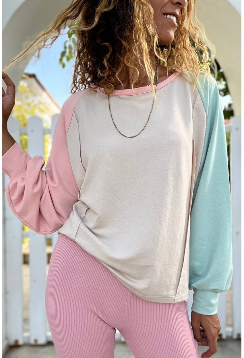 Kadın Pudra-Mint Raglan Kol Dikiş Detaylı Kayık Yaka Color Block Sweatshirt Bst3472