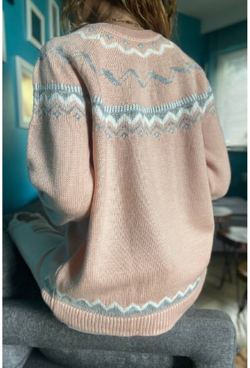 Kadın Pudra Oversize Kış Desenli Yumuşak Dokulu Kazak CCK40010