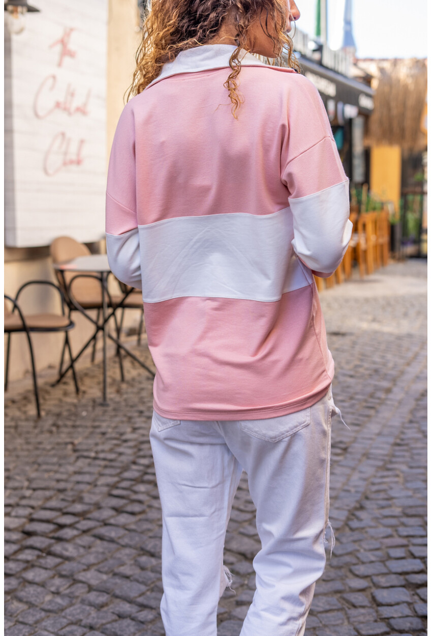 Kadın Pudra Yakası Fermuarlı Color Block Polo Yaka Salaş Sweatshirt Bst3471