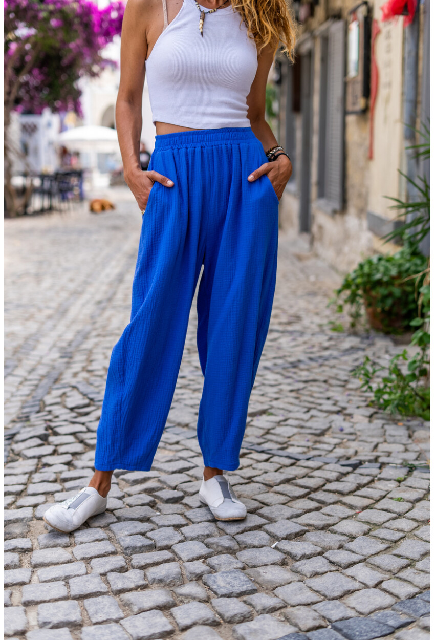 Saks Müslin Beli Lastikli Cepli Salaş Pantolon Bst3416
