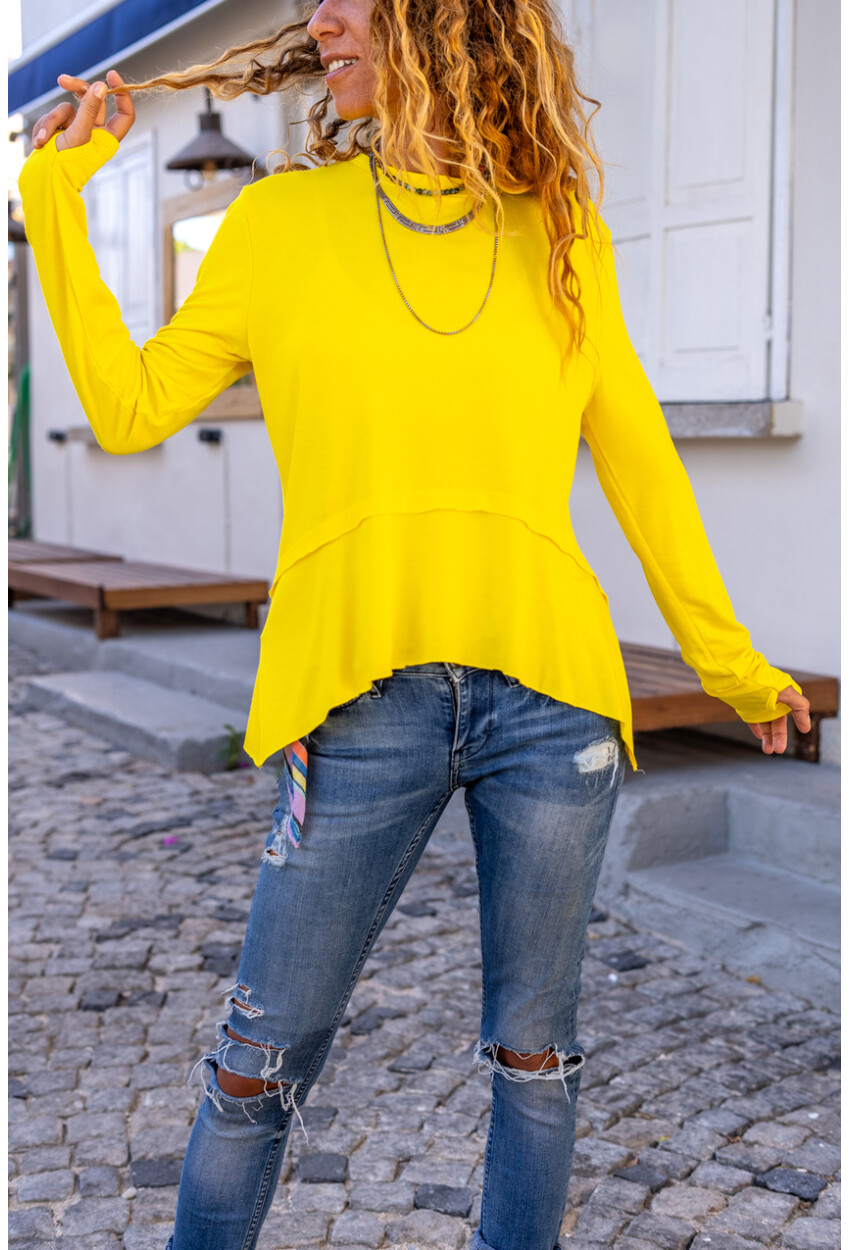 Kadın Sarı Asimetrik Kesim Yumuşak Dokulu Basic Salaş Bluz Bst3459