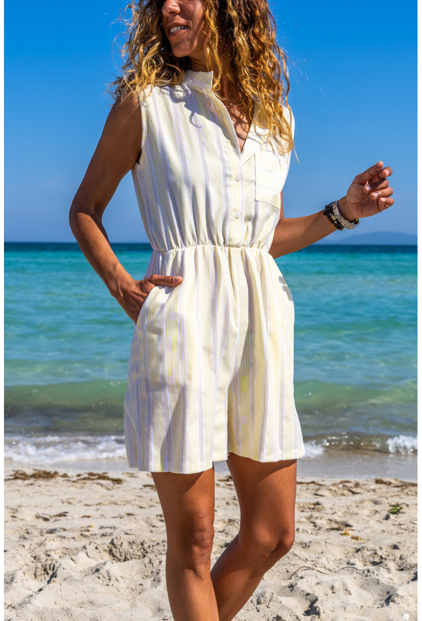 Kadın Sarı Beli Lastikli Cepli Kendinden Dokulu Şort Tulum Bst3421