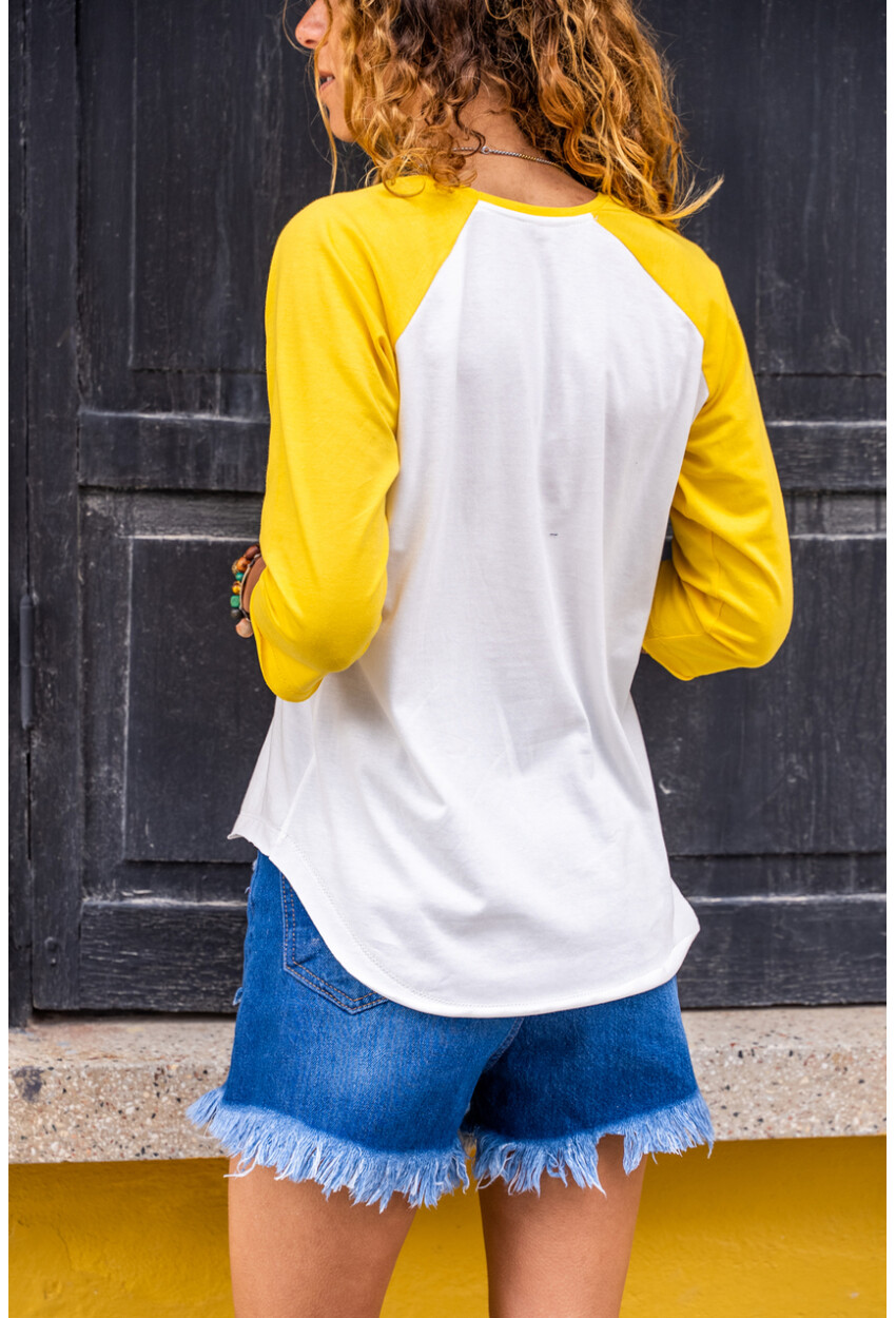 Kadın Sarı-Beyaz Raglan Kol Color Block Bluz 1St7