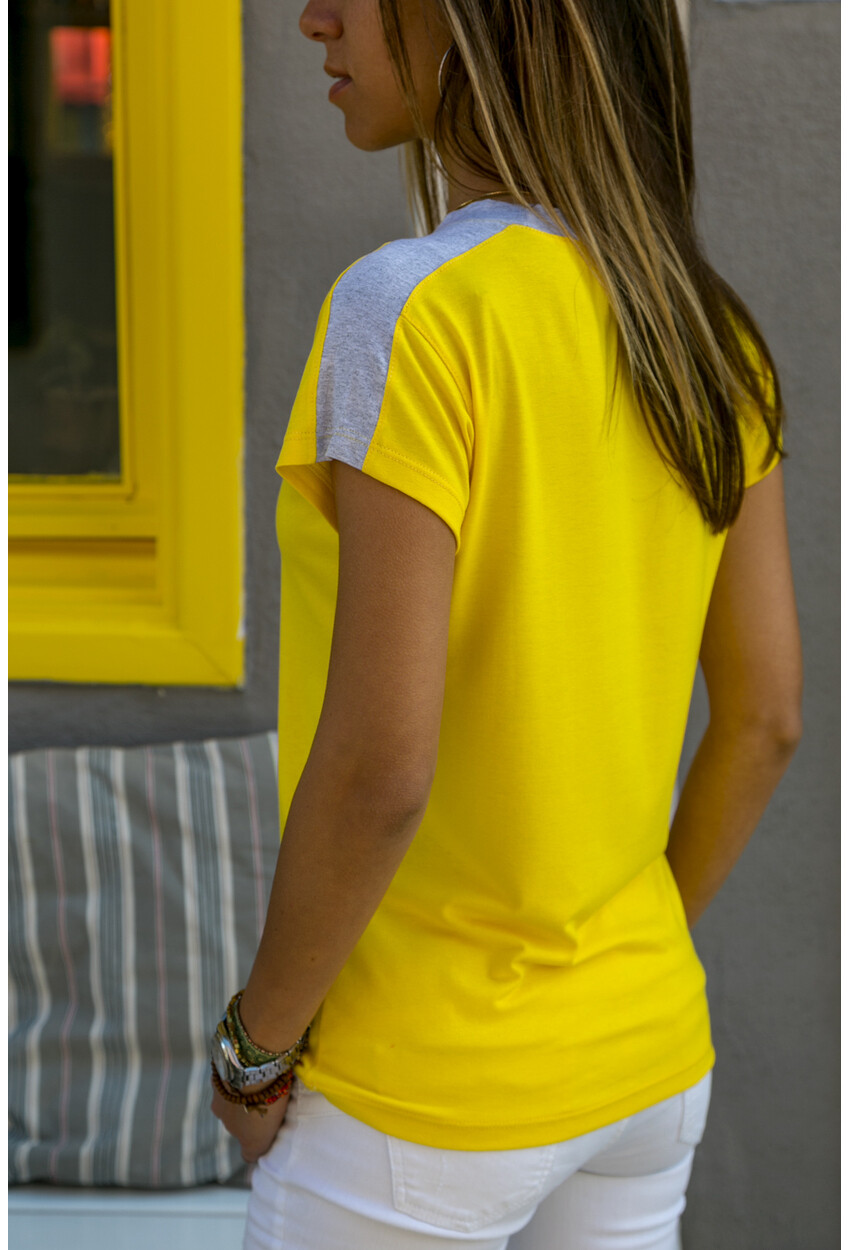Sarı Color Block Omzu Garnili T-shirt Bst3229