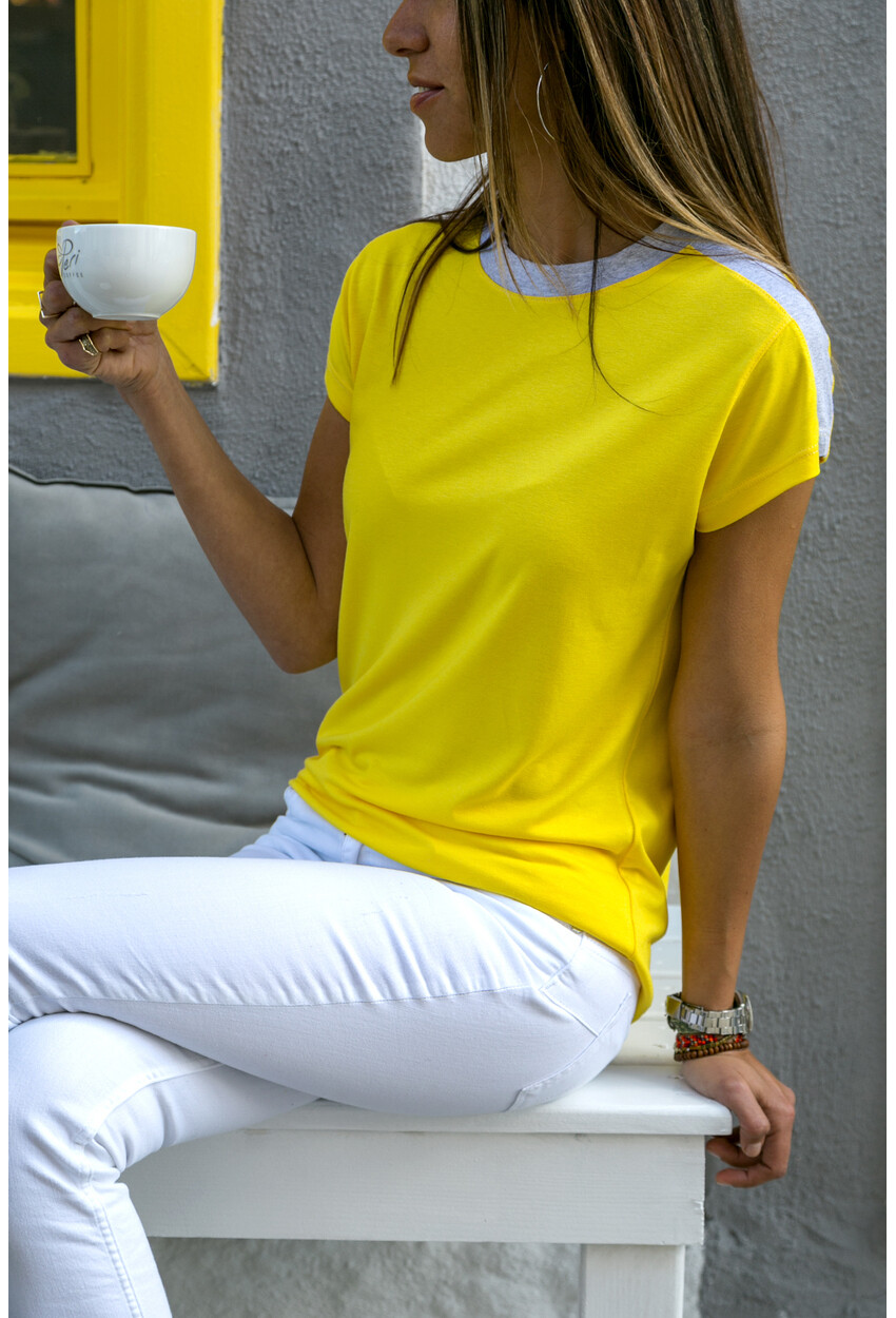 Sarı Color Block Omzu Garnili T-shirt Bst3229