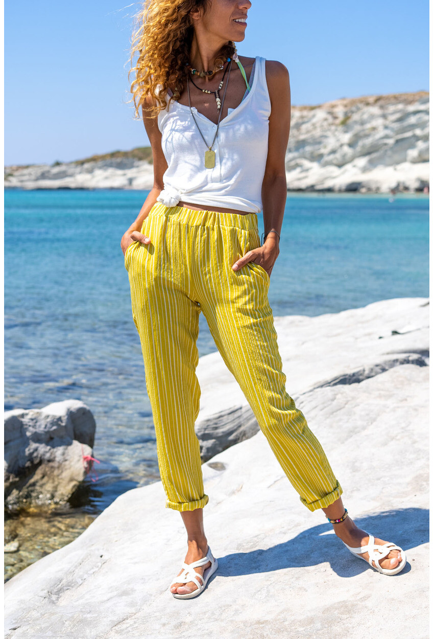 Sarı Duble Paça Çizgili Dokulu Pantolon Bst3277