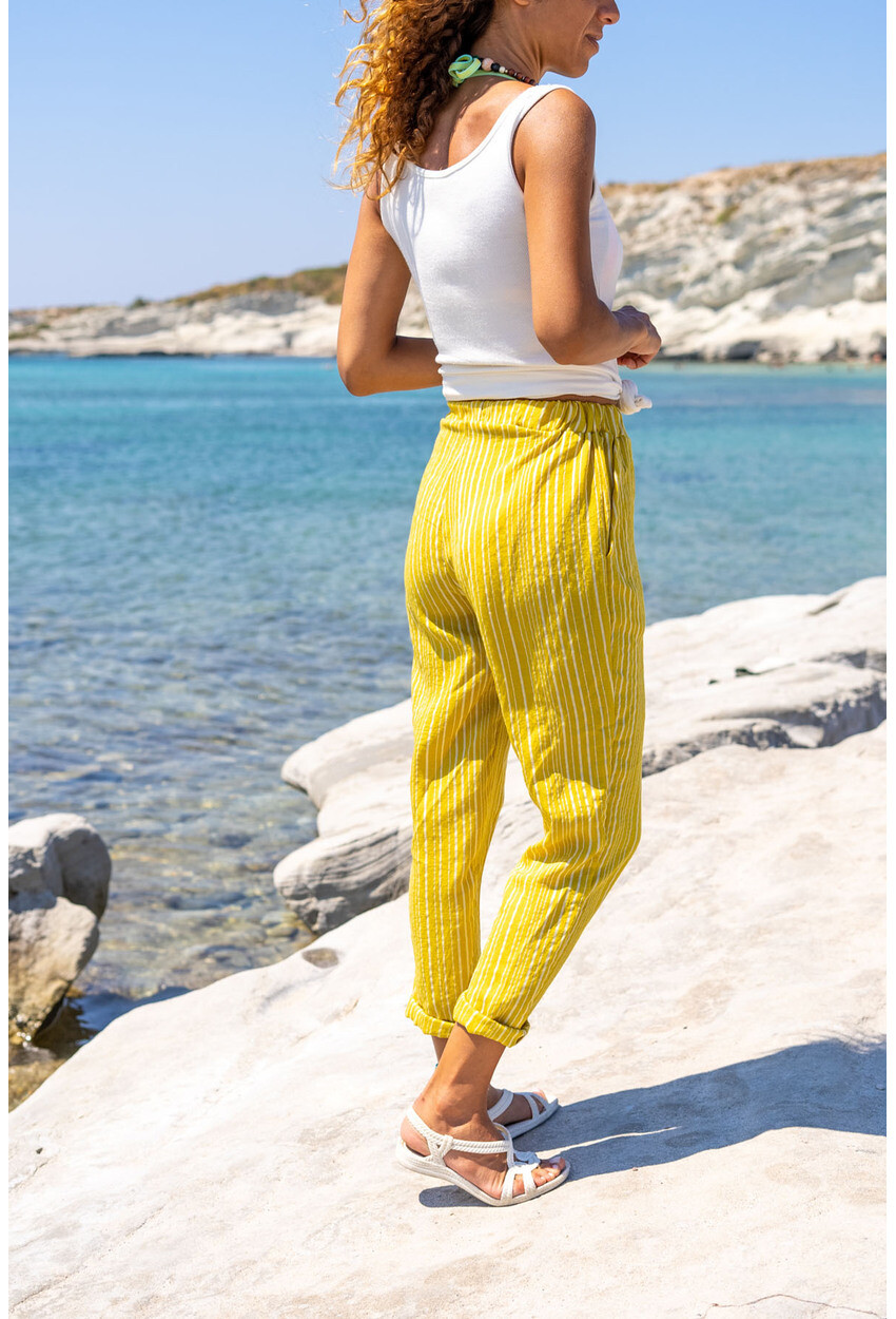 Sarı Duble Paça Çizgili Dokulu Pantolon Bst3277