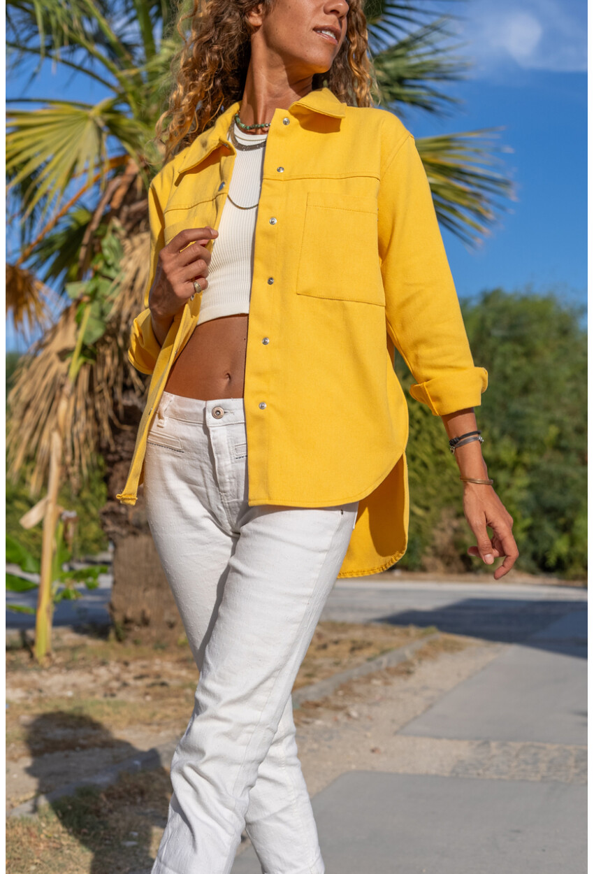 Kadın Sarı Gabardin Çift Cep Çıtçıtlı Gömlek Ceket Bst3454