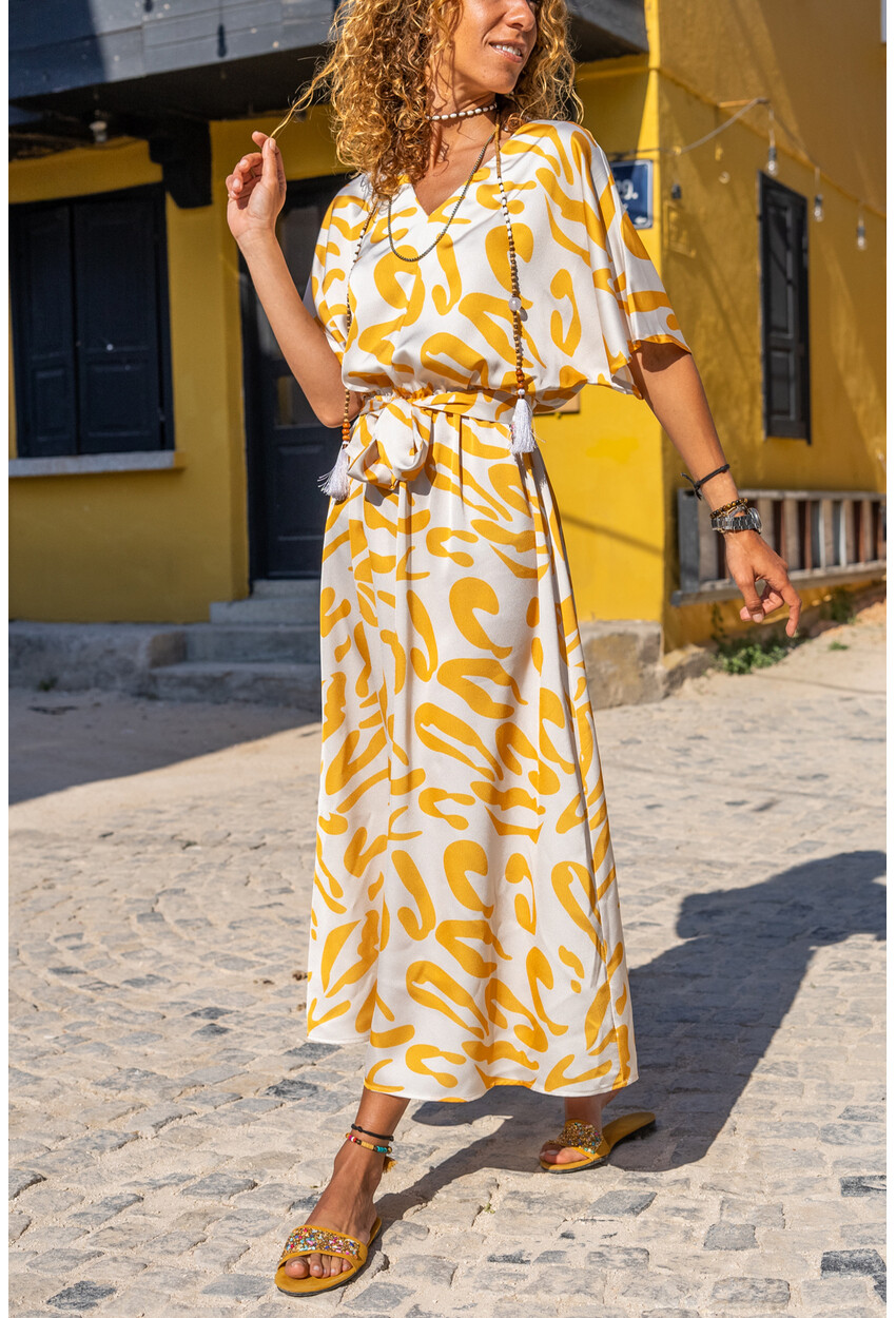 Womens Yellow Satin V-Neck Waist Pleated Belted Loose Dress BST3246