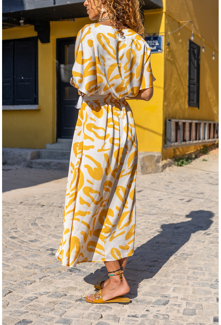Womens Yellow Satin V-Neck Waist Pleated Belted Loose Dress BST3246