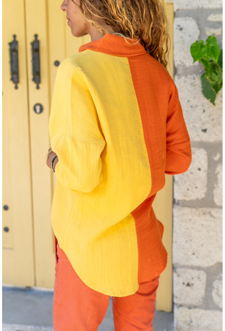 Sarı-Turuncu Müslin Color Block Salaş Gömlek Bst3458