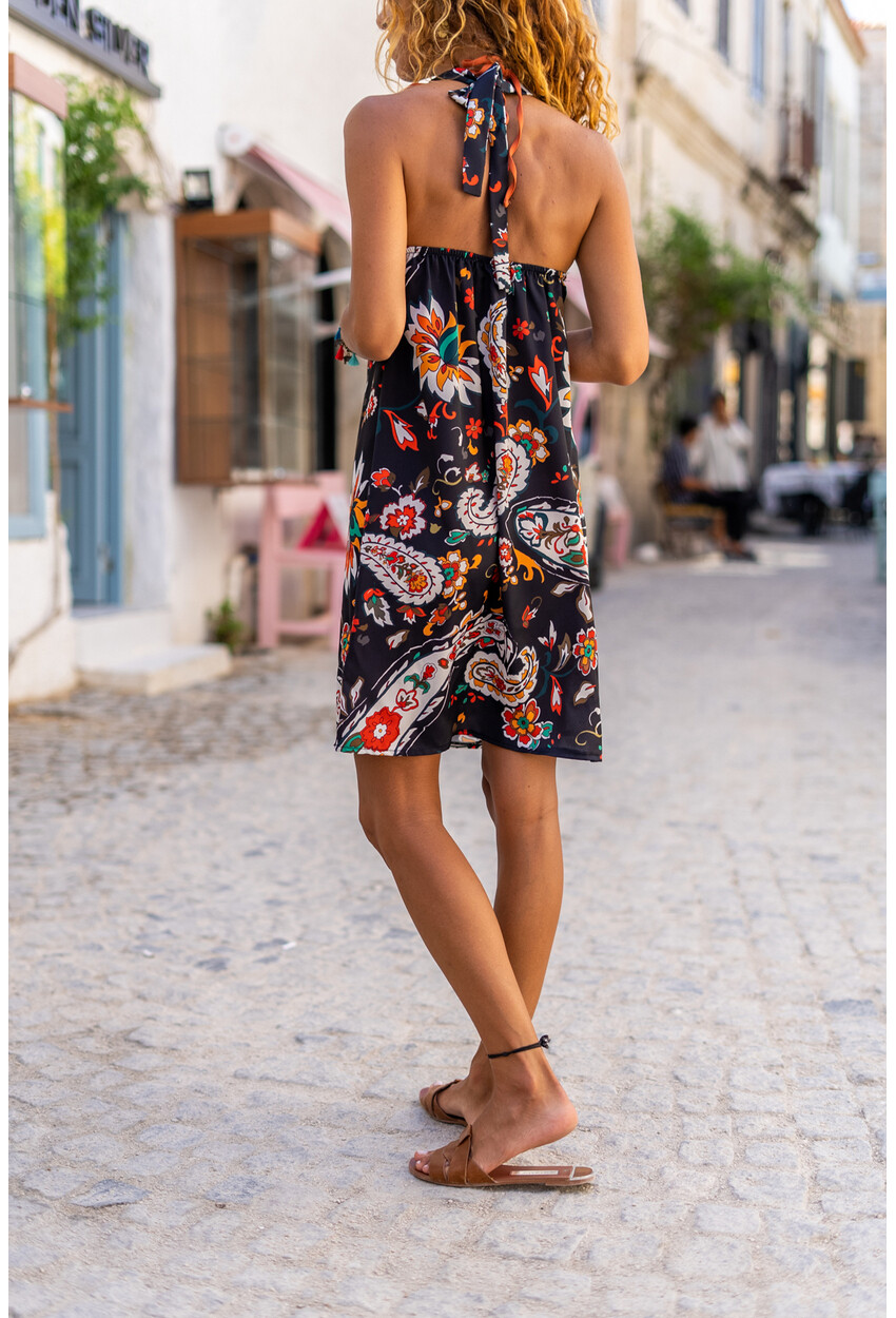 Womens Black A-Line Halter Neck Satin Dress Bst6890