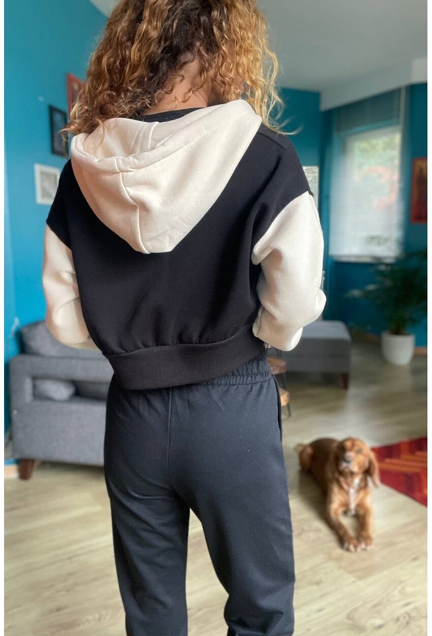 Kadın Siyah-Bej Kapüşonlu Fermuarlı Garnili Üç İplik Crop Sweatshirt Son3