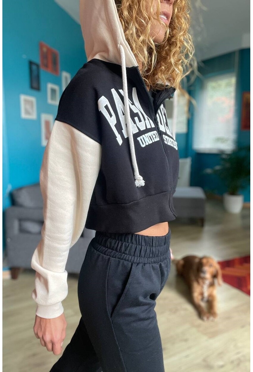 Kadın Siyah-Bej Kapüşonlu Fermuarlı Garnili Üç İplik Crop Sweatshirt Son3