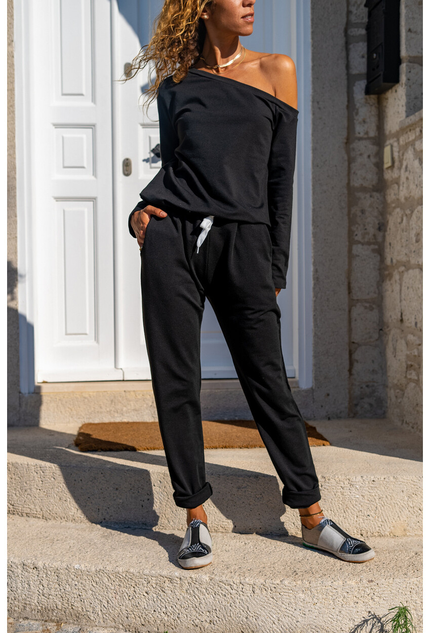 Womens Black Tie Waist Elastic Leg Pockets, Low-Cut Off Shoulder Tracksuit Jumpsuit GK-CCKLD351
