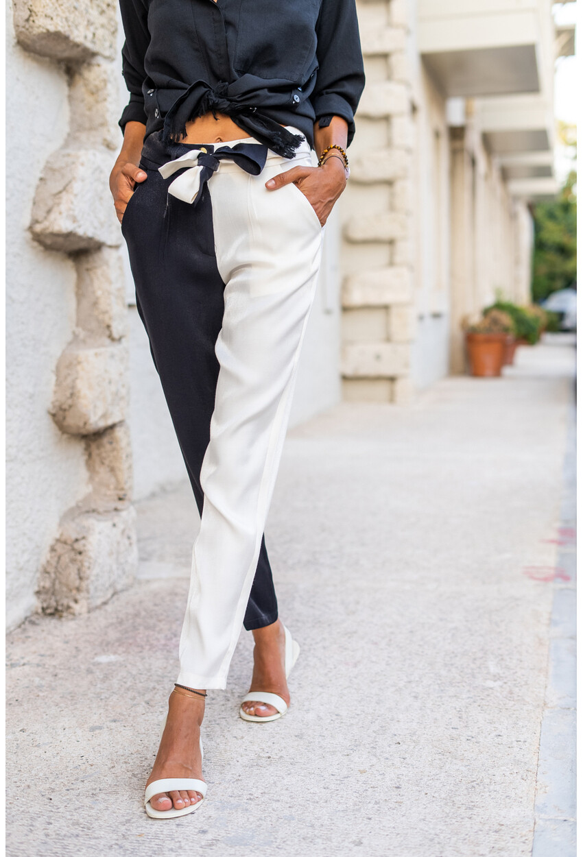 Kadın Siyah-Beyaz Color Block Kemerli Parlak Pantolon BST3133