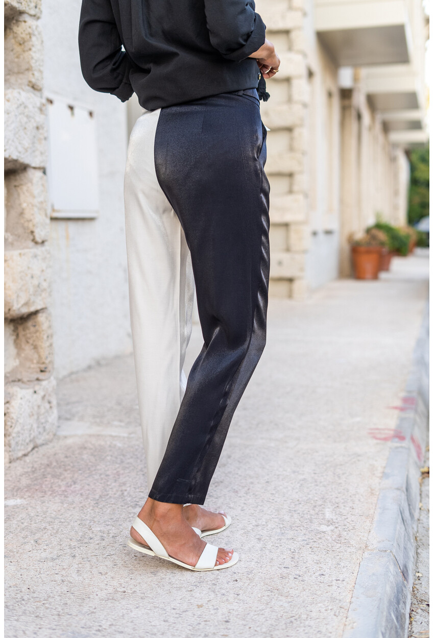 Kadın Siyah-Beyaz Color Block Kemerli Parlak Pantolon BST3133