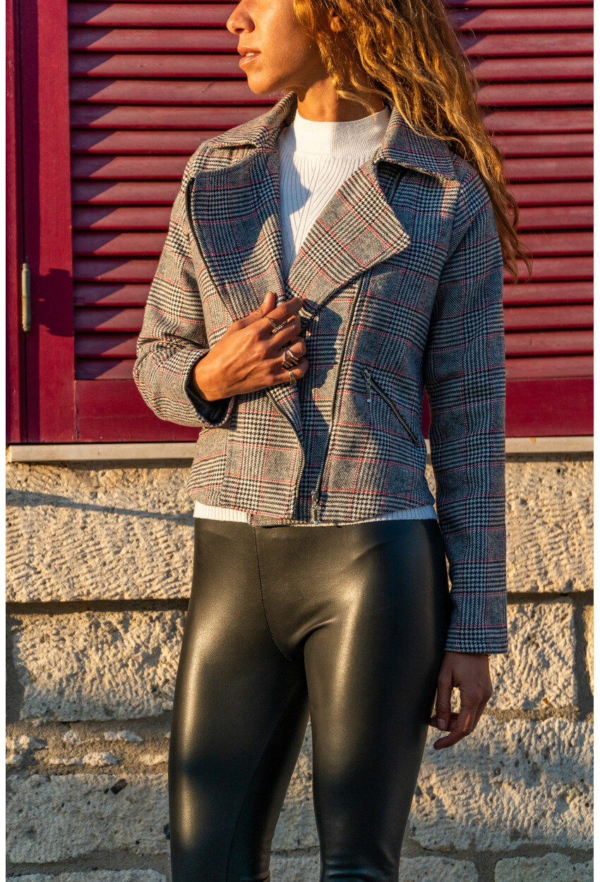 Womens Black-White-Red Asymmetrical Zipper Plaid Jacket GK-BST30k588-2061