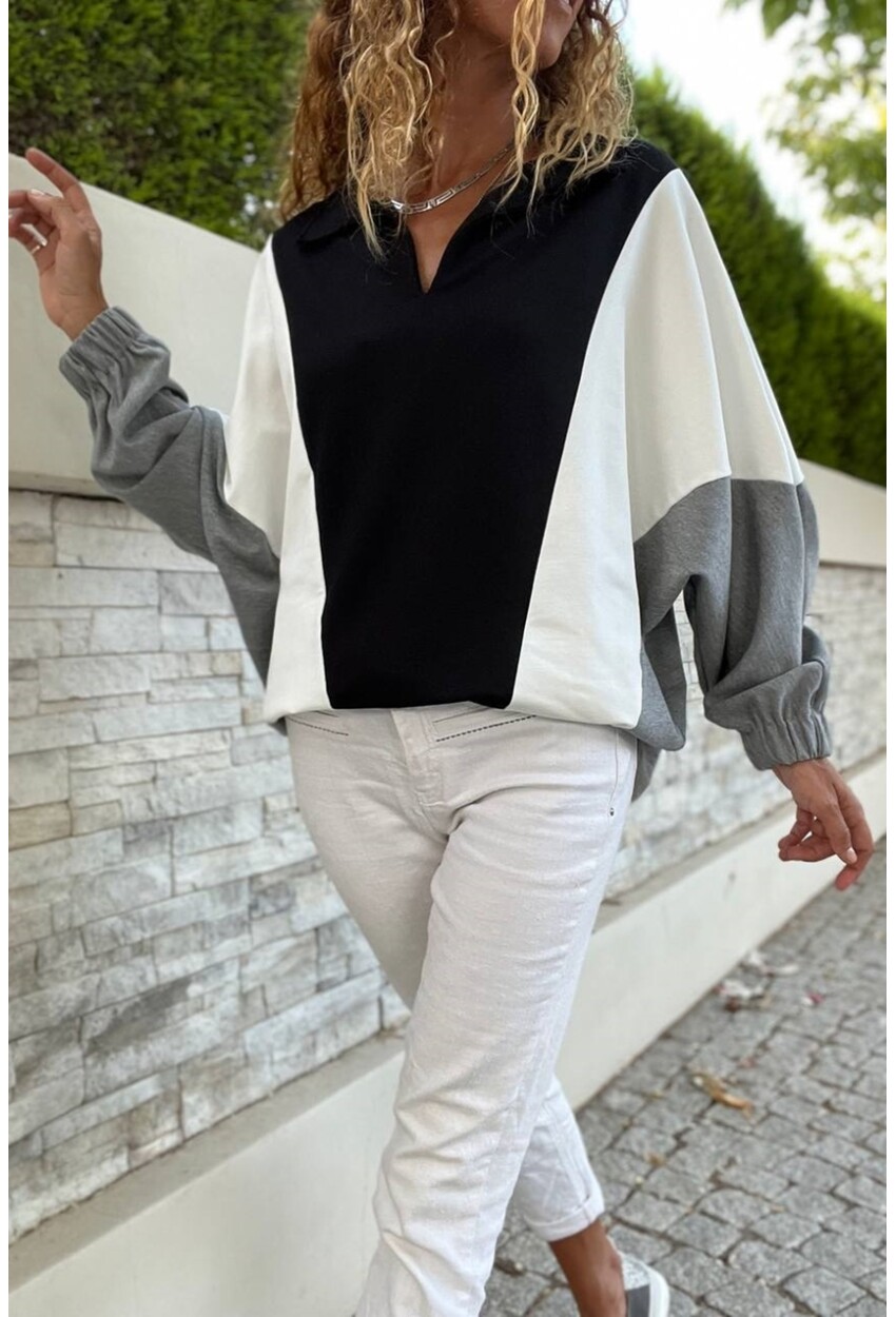 Kadın Siyah-Beyaz Polo Yaka Yarasa Kol Color Block Salaş Sweatshirt Bst3473