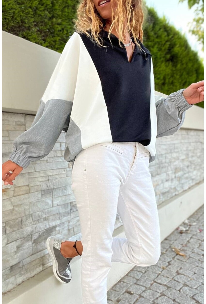 Kadın Siyah-Beyaz Polo Yaka Yarasa Kol Color Block Salaş Sweatshirt Bst3473