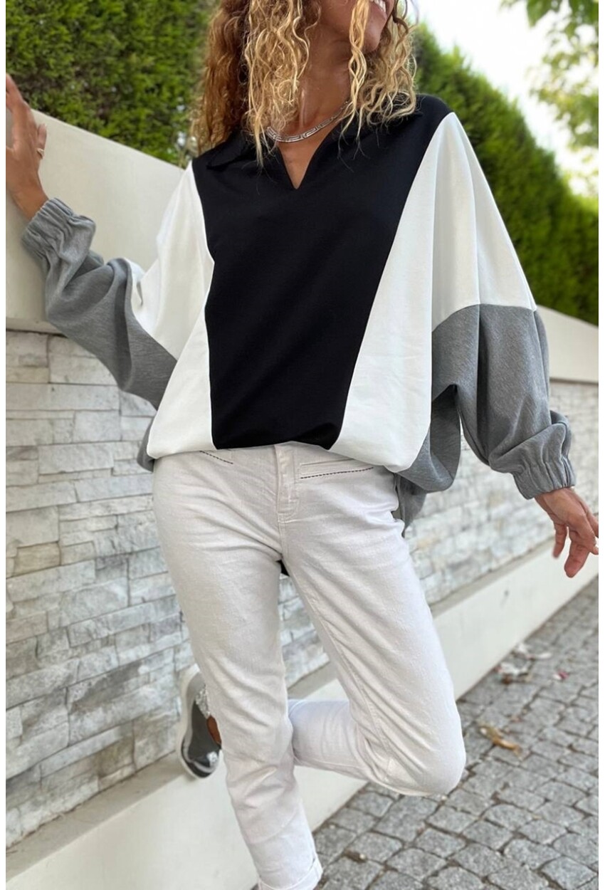 Kadın Siyah-Beyaz Polo Yaka Yarasa Kol Color Block Salaş Sweatshirt Bst3473