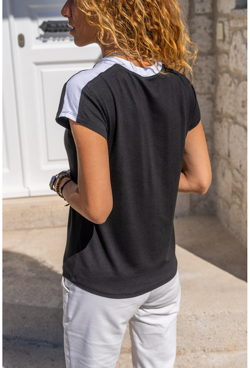 Siyah Color Block Omzu Garnili T-Shirt Bst3229