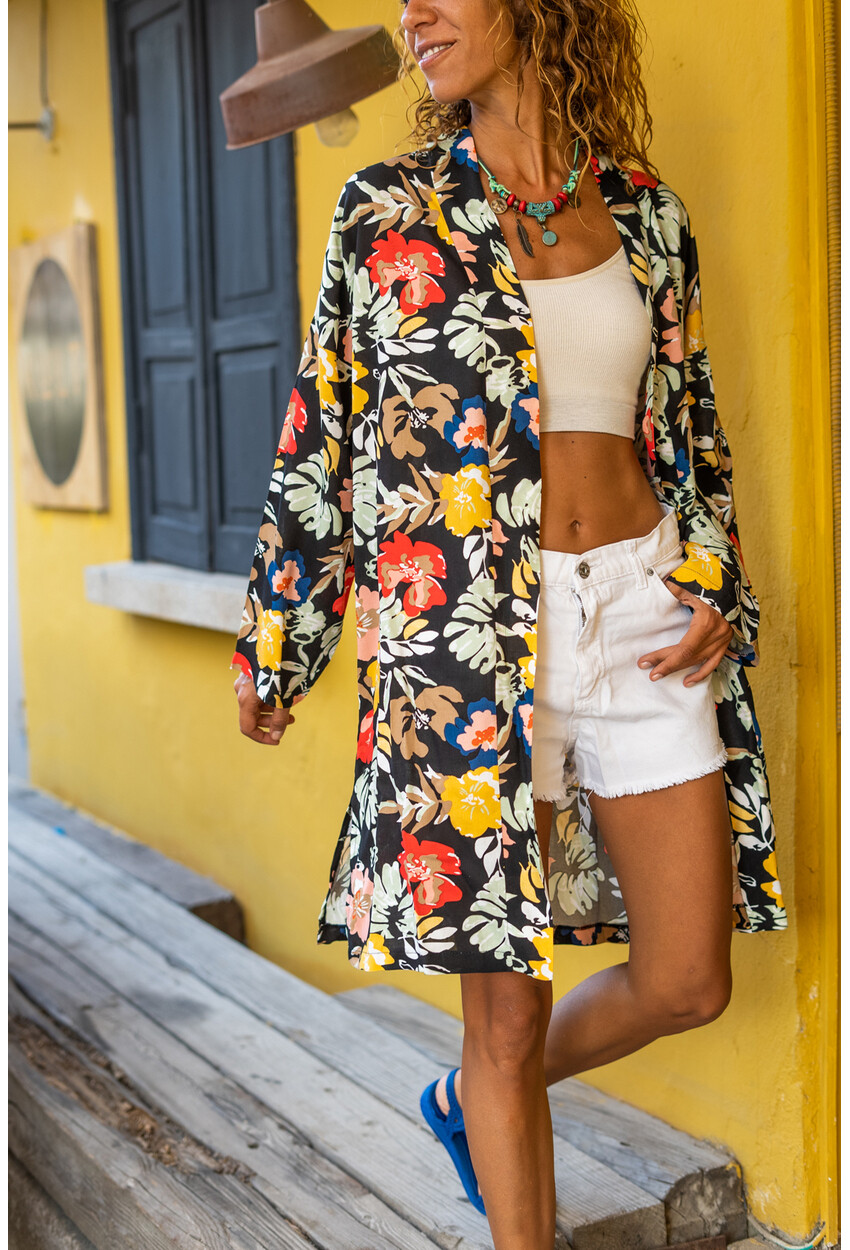 Kadın Siyah Desenli Salaş Kimono BST3158S
