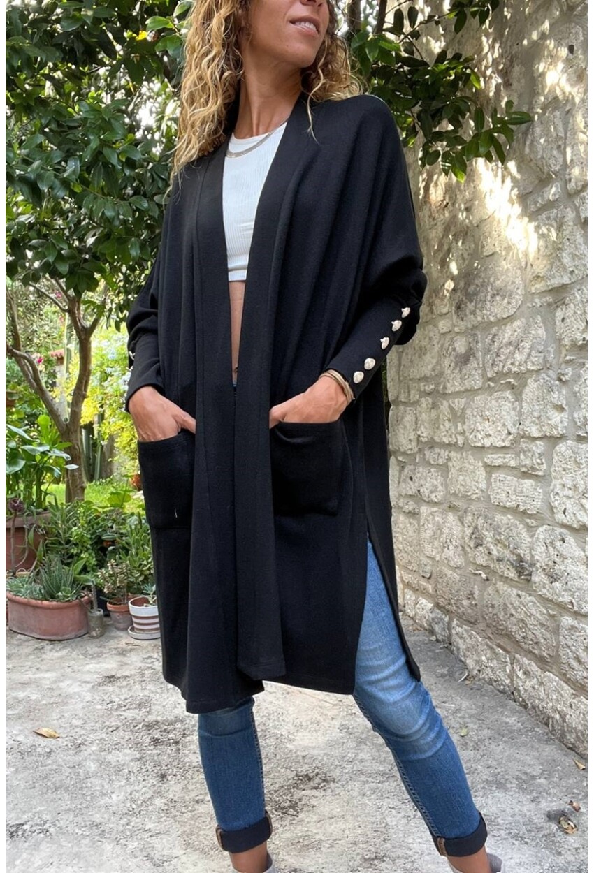 Kadın Siyah Düğme Detaylı Yırtmaçlı Yumuşak Dokulu Uzun Hırka Bst3442
