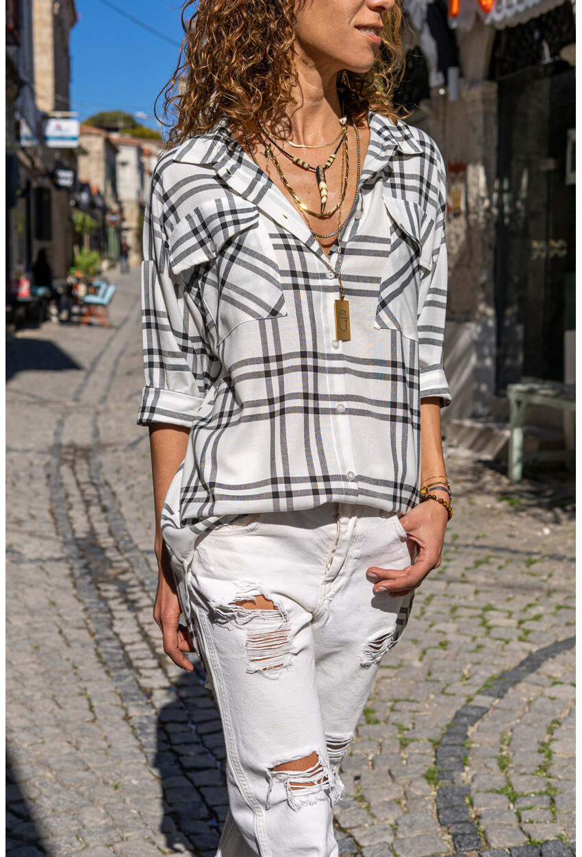 Womens Black Plaid Double Pocket Loose Shirt BST3217