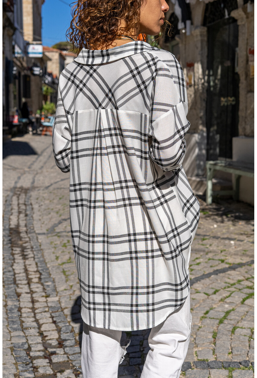 Womens Black Plaid Double Pocket Loose Shirt BST3217