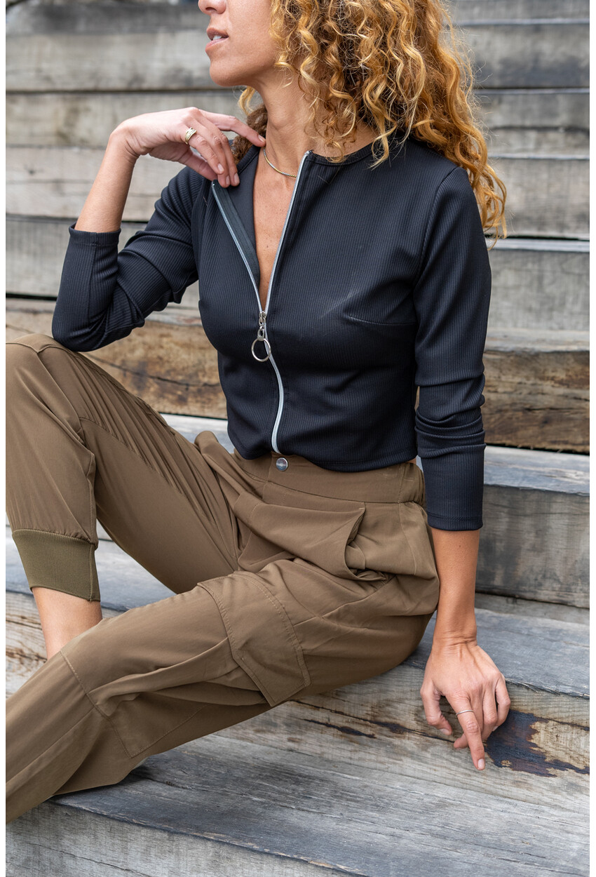 Kadın Siyah Fermuarlı Kaşkorse Likralı Crop Bluz Bst3323