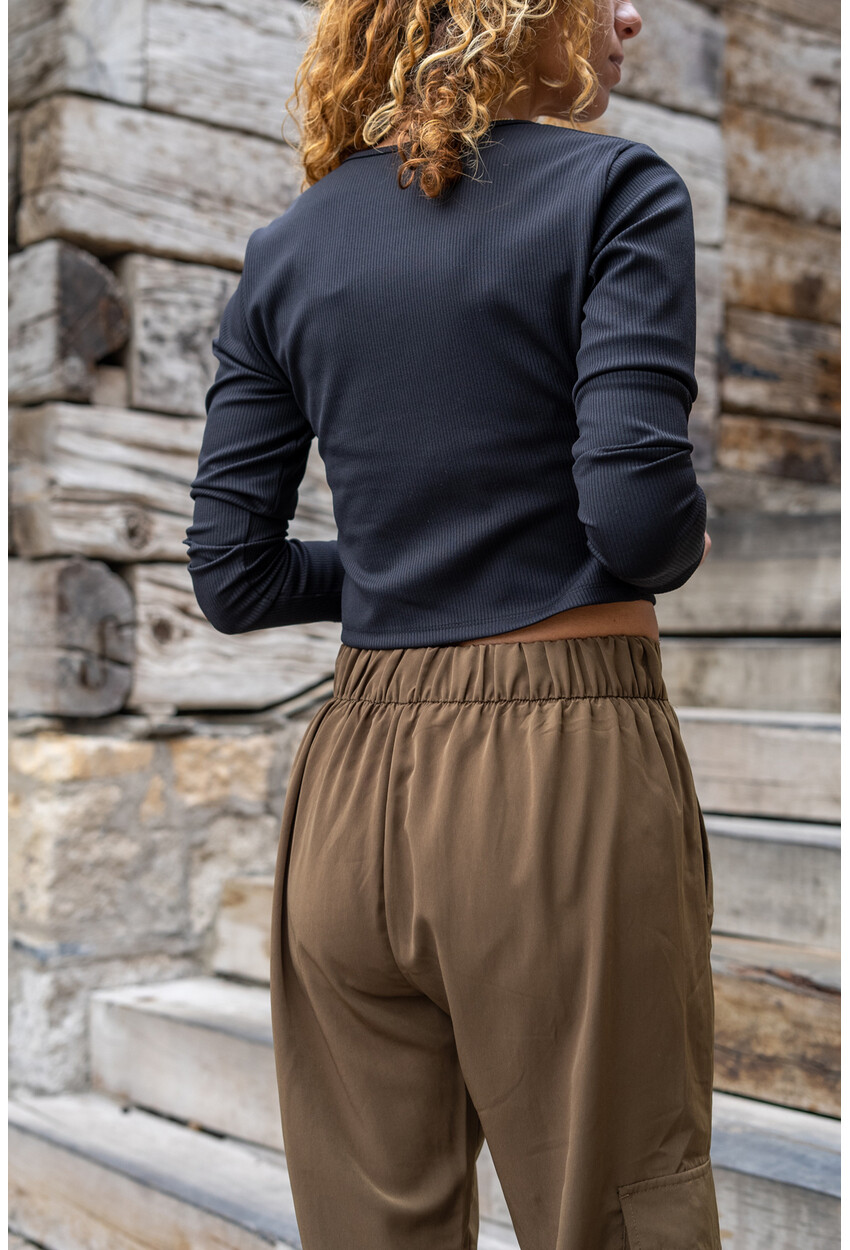 Kadın Siyah Fermuarlı Kaşkorse Likralı Crop Bluz Bst3323