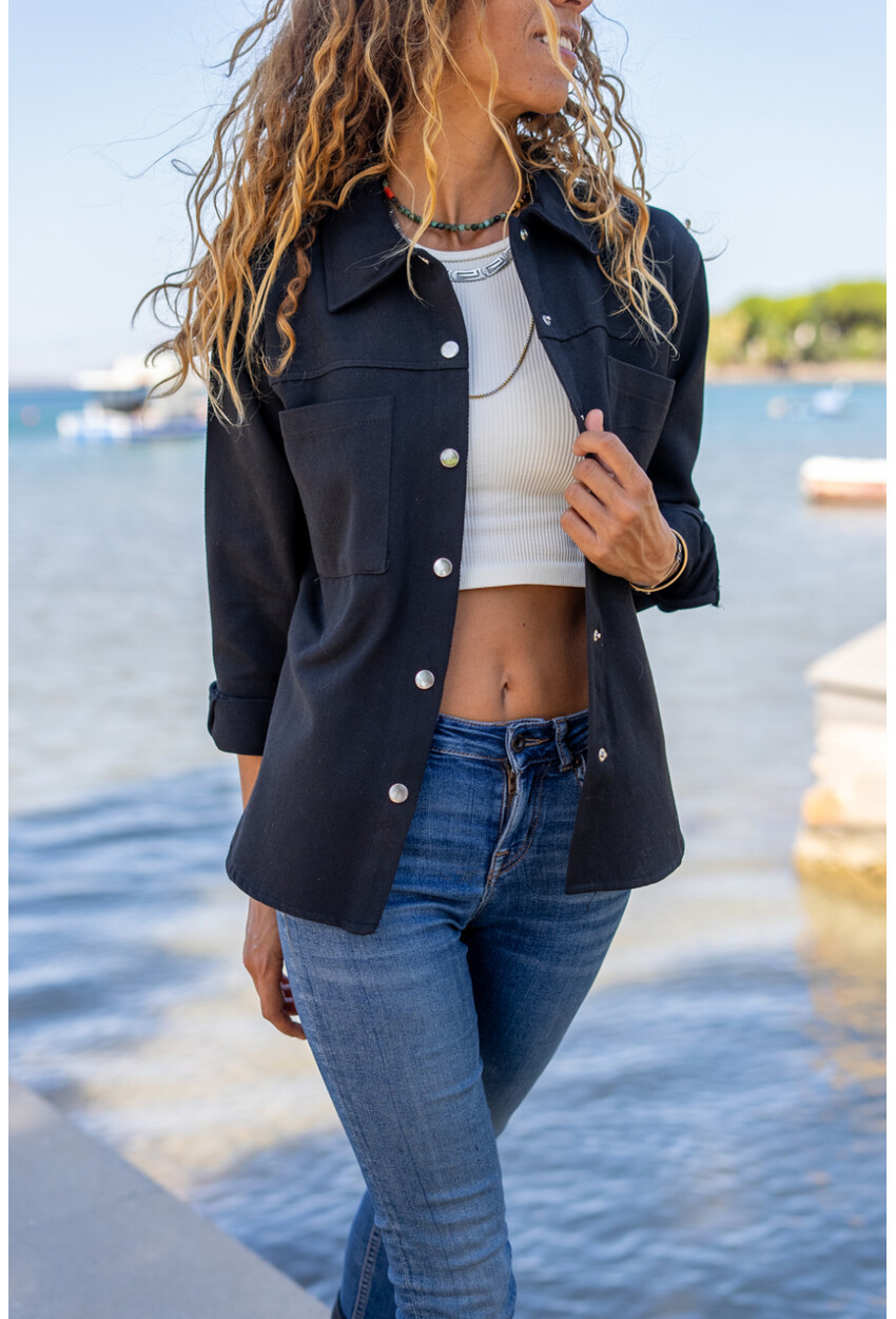 Kadın Siyah Gabardin Çift Cep Çıtçıtlı Gömlek Ceket Bst3454