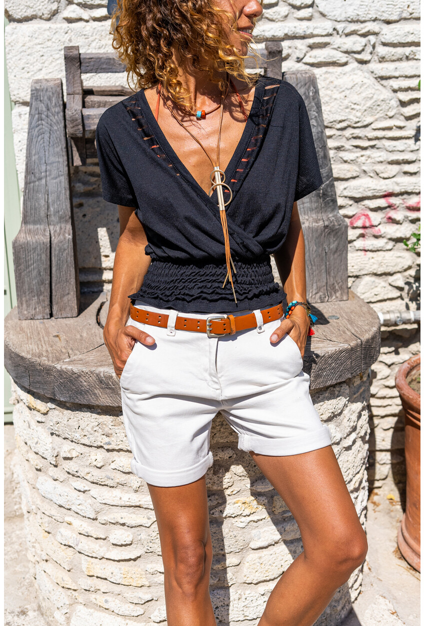 Kadın Siyah Gipeli Kruvaze Tül Detaylı Crop Bluz BST3256