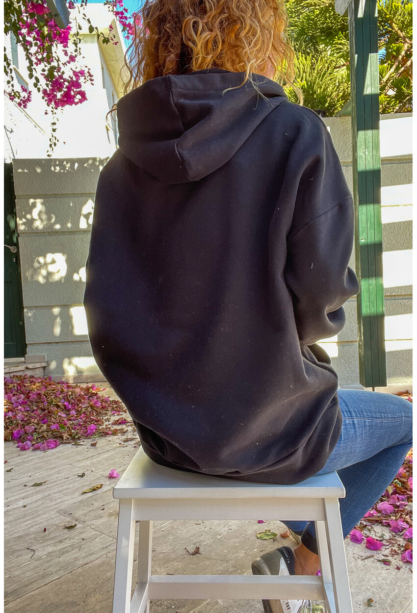 Kadın Siyah Kanguru Cep Üç İplik Kapüşonlu Sweatshirt Hs100