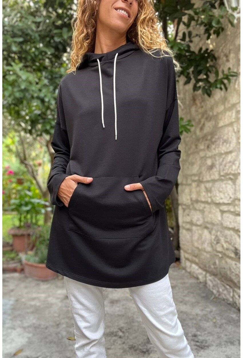 Kadın Siyah Kapüşonlu Kanguru Cep Uzun Salaş Sweatshirt Bst3476